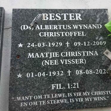 BESTER Albertus Wynand Christoffel 1929-2009 &amp; Maatjie Christina VISSER 1932-202?