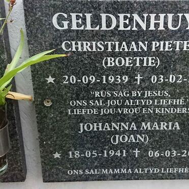 GELDENHUYS Christiaan Pieter 1939-2012 &amp; Johanna Maria 1941-2017