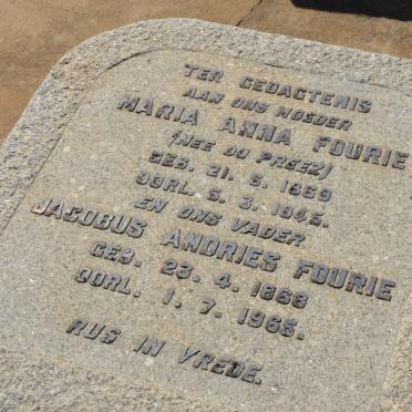 FOURIE Jacobus Andries 1868-1965 &amp; Maria Anna DU PREEZ 1869-1945