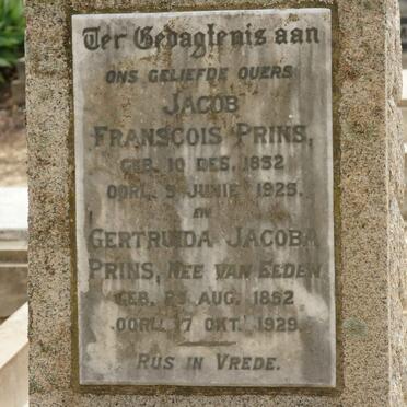 PRINS Jacob Francois 1852-1925 &amp; Gertruida Jacoba VAN EEDEN 1852-1929