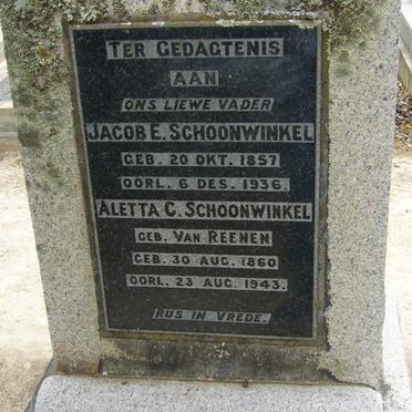 SCHOONWINKEL Jacob E. 1857-1936 &amp; Aletta C. VAN REENEN 1860-1943