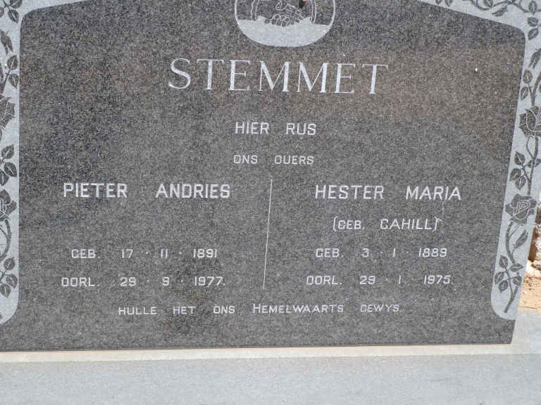 STEMMET Pieter Andries 1891-1977 &amp; Hester Maria CAHILL 1889-1975