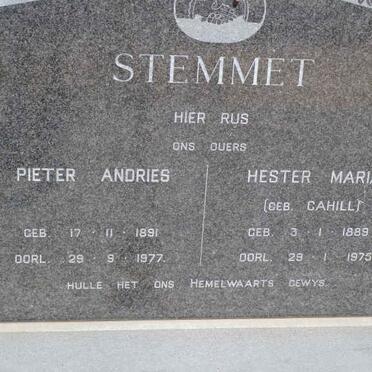 STEMMET Pieter Andries 1891-1977 &amp; Hester Maria CAHILL 1889-1975