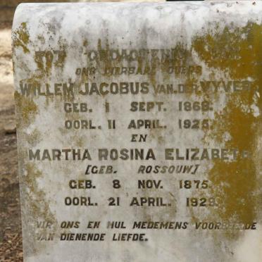 VYVER Willem Jacobus, van der 1868-1925 &amp; Martha Rosina Elizabeth ROSSOUW 1875-1929