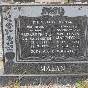 MALAN Matthys J. 1923-1987 &amp; Elizabeth C.J. VAN DEVENTER 1923-1991