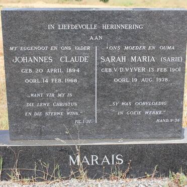MARAIS Johannes Claude 1894-1868 &amp; Sarah Maria V.D. VYVER 1901-1978