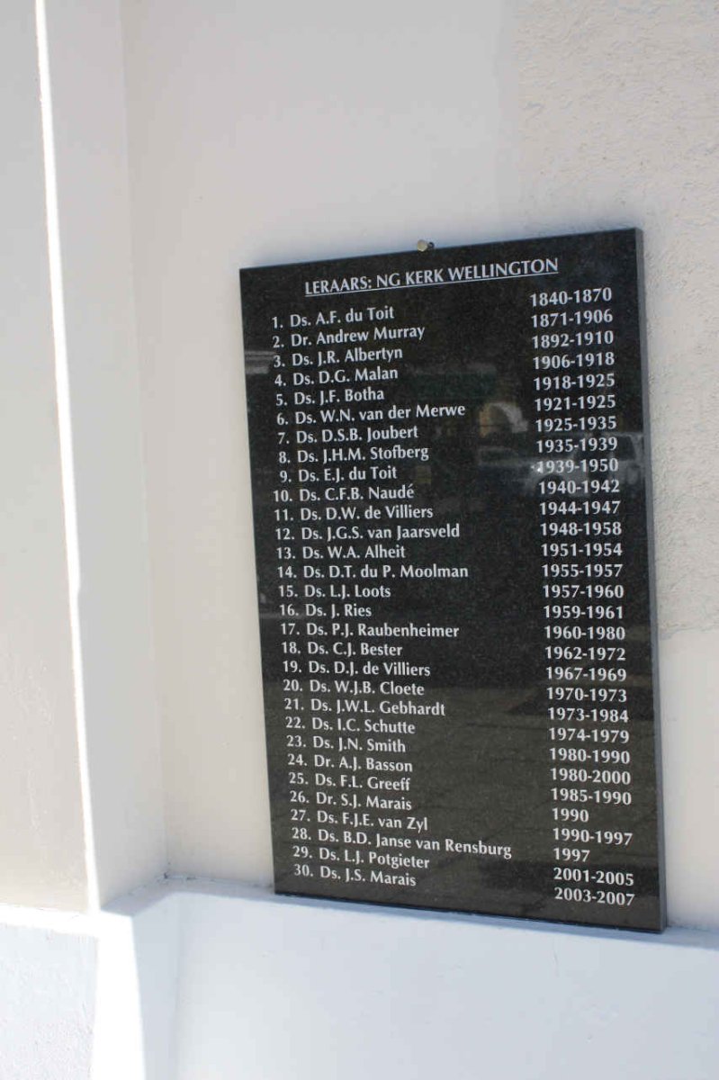 PLAQUE OF THE PASTORS OF N.G KERK WELLINGTON