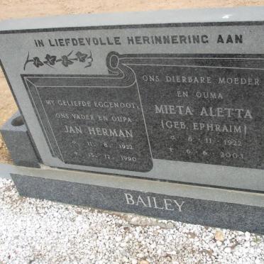 BAILEY Jan Herman 1922-1989 &amp; Mieta Aletta EPHRAIM 1922-2003