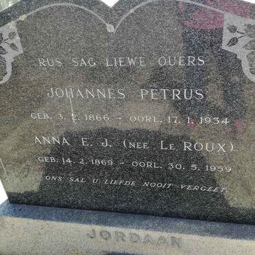 JORDAAN Johannes Petrus 1866-1934 &amp; Anna E.J. LE ROUX 1869-1959