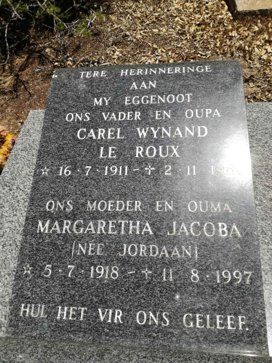 ROUX Carel Wynand, le 1911-1986 &amp; Margaretha Jacoba JORDAAN 1918-1997