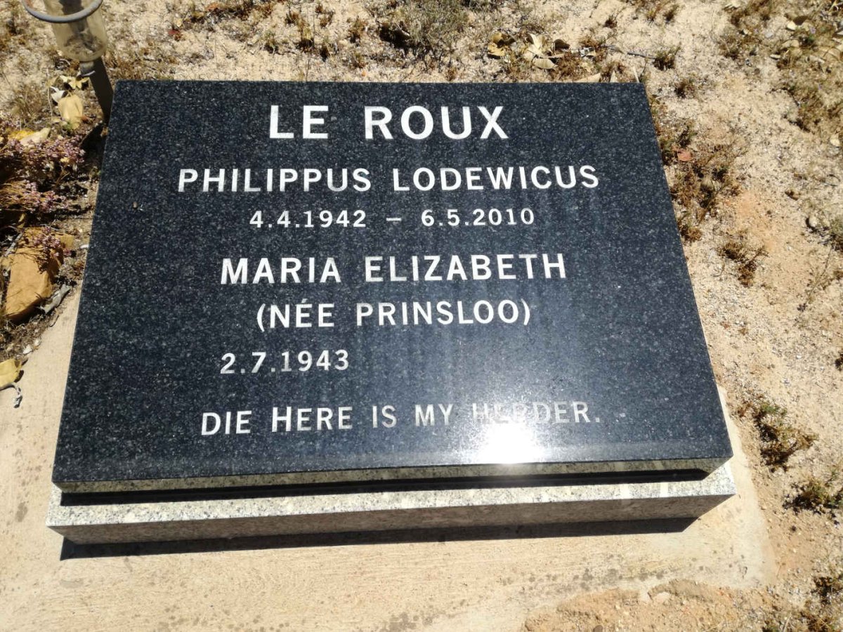 ROUX Philippus Lodewicus, le 1942-2010 &amp; Maria Elizabeth PRINSLOO 1943-