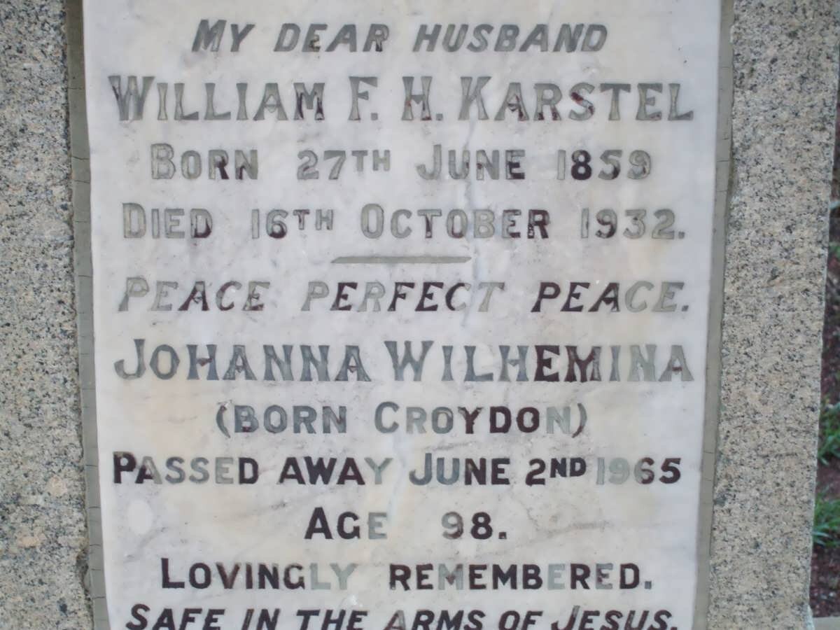KARSTEL William F.H. 1859-1932 & Johanna Wilhelmina CROYDON -1965