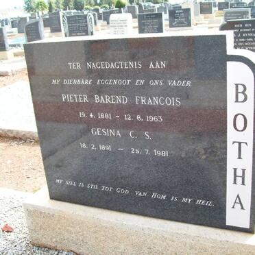 BOTHA Pieter Barend Francois 1881-1963 &amp; Gesina C.S. 1891-1981