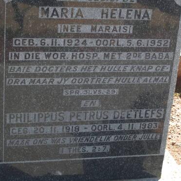 DEETLEFS Philippus Petrus 1918-1983 &amp; Maria Helena MARAIS 1924-1952 :: JORDAAN Susanna nee NAUDE 1922-2000