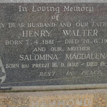 HAMMOND Henry Walter 1881-1955 &amp; Salomina Magdalena DE PREEZ 1892-1966