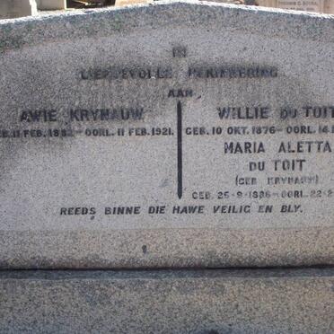 KRYNAUW Awie 1882-1921 :: DU TOIT Willie 1876-1941 :: DU TOIT Maria Aletta nee KRYNAUW 1886-1973