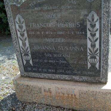 ROUX Francois Petrus, le 1870-1944 &amp; Johanna Susanna MARAIS 1869-1943