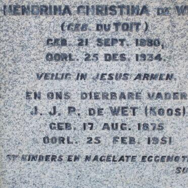 WET J.J.P., de 1875-1951 &amp; Hendrina Christina DU TOIT 1880-1934