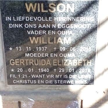 WILSON William 1937-2015 & Gertruida Elizabeth 1940-2018