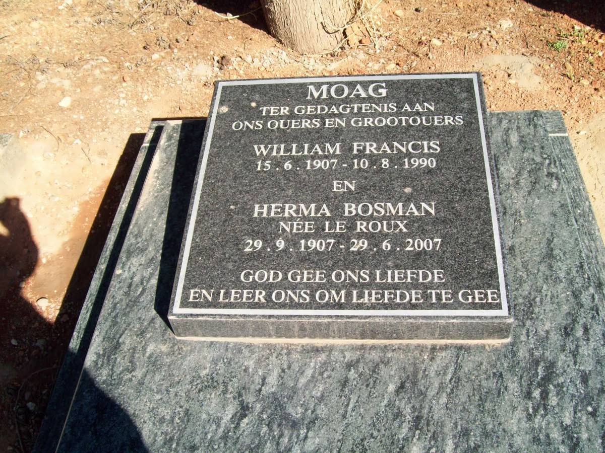 MOAG William Francis 1907-1990 &amp; Herma LE ROUX 1907-2007