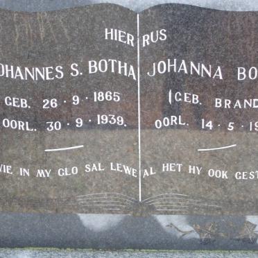 BOTHA  Johannes S. 1865-1939 &amp; Johanna BRAND -1978