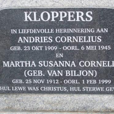 KLOPPERS Andries Cornelius 1909-1945 &amp; Martha Susanna Cornelia VAN BILJON 1912-1999