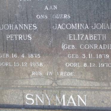SNYMAN Johannes Petus 1875-1938 &amp; Jacomina Johanna CONRADIE 1879-1970
