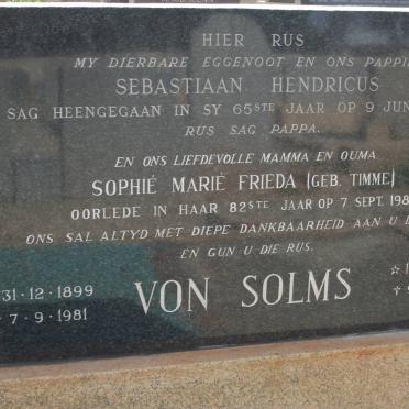SOLMS Sebastiaan Hendricus 1894-1959 &amp; Sophie Marie Frieda TIMME 1899-1981