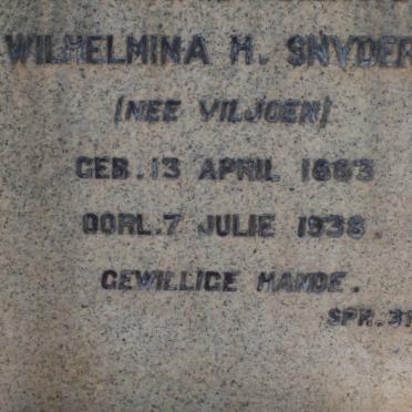 SNYDERS Wilhelmina H. nee VILJOEN 1883-1938
