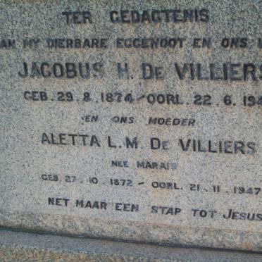 VILLIERS Jacobus H., de 1874-1941 &amp; Aletta L.M. MARAIS 1872-1947