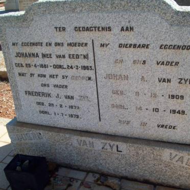 ZYL Frederik J van 1873-1972 &amp; Johanna VAN EEDEN 1881-1965 :: VAN ZYL Johan A. 1909-1949