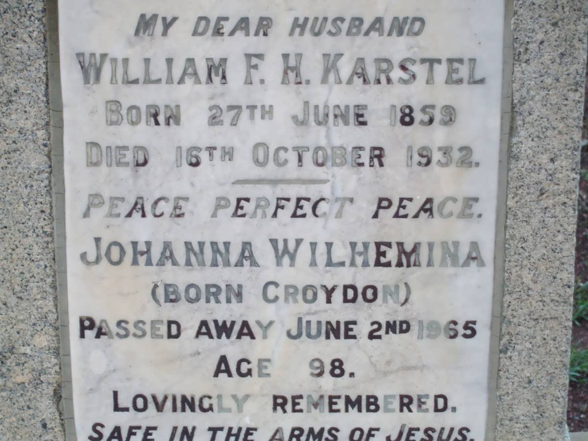 KARSTEL William F.H. 1859-1932 &amp; Johanna Wilhelmina CROYDON -1965