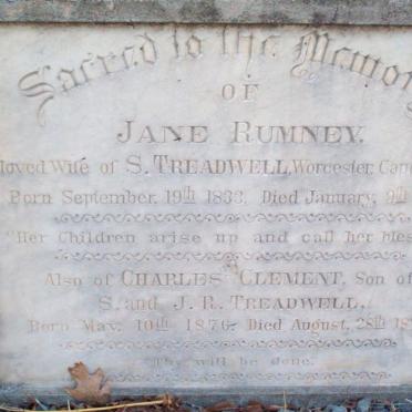TREADWELL Jane nee RUMNEY 1833-1878 :: TREADWELL Charles Clement 1876-1876