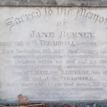 TREADWELL Jane nee RUMNEY 1833-1878 :: TREADWELL Charles Clement 1876-1876