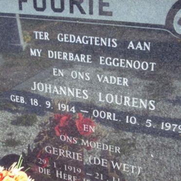 FOURIE Johannes Lourens 1914-1979 &amp; Gerrie DE WET 1919-1999