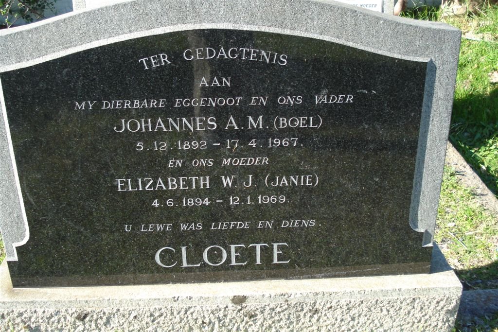 CLOETE Johannes A.M. 1892-1967 &amp; Elizabeth W.J. 1894-1969