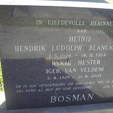 BOSMAN Heinie Hendrik Ludolph Blackenberg 1924-1964 &amp; Rykie Hester VAN VELDEN 1925-2005