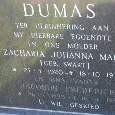 DUMAS Jacobus Frederick 1923-1985 &amp; Zacharia Johanna SWART 1920-1979