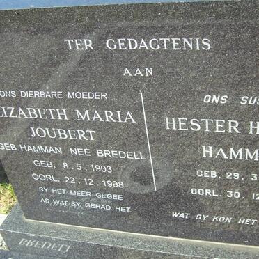 JOUBERT Elizabeth Maria nee HAMMAN voorheen BREDELL 1903-1998 :: HAMMAN Hester Helena 1900-1970