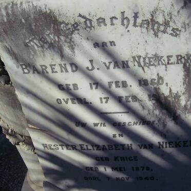 NIEKERK Barend J., van 1860-19?04 &amp; Hester Elizabeth KRIGE 1878-1940