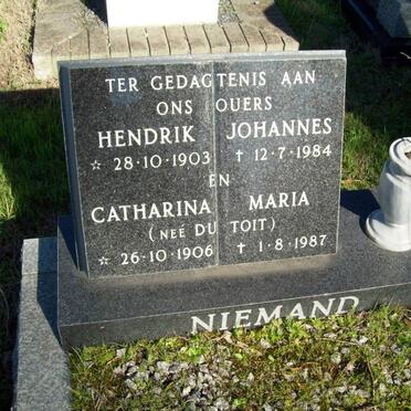 NIEMAND Hendrik Johannes 1903-1984 &amp; Catharina Maria DU TOIT 1906-1987