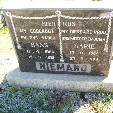 NIEMAND Hans 1906-1961 &amp; Sarie 1904-1994