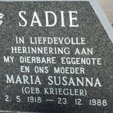 SADIE Maria Susanna nee KRIEGLER 1918-1988