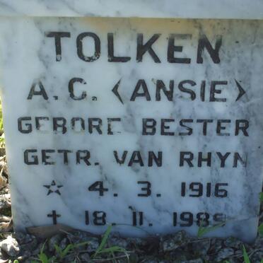 TOLKEN A.C previously VAN RHYN nee BESTER 1916-1989