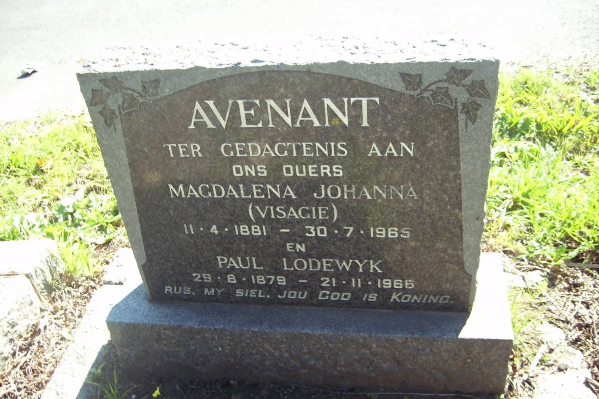 AVENANT Paul Lodewyk 1879-1966 &amp; Magdalena Johanna VISAGIE 1881-1965