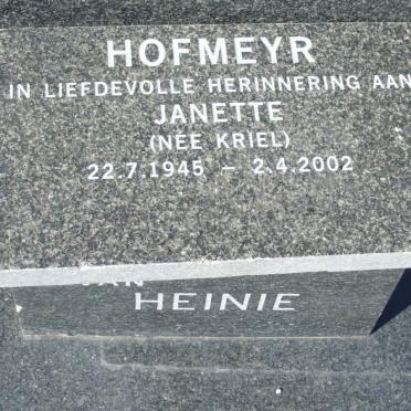 HOFMEYR Janette nee KRIEL 1945-2002