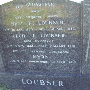 LOUBSER Nico E. 1875-1933 &amp; Cecil J. WESSELS 1881-1931 :: LOUBSER Myra 1914-1916