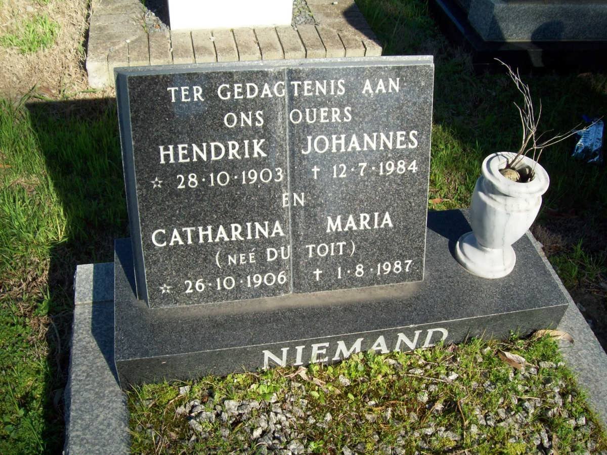 NIEMAND Hendrik Johannes 1903-1984 &amp; Catharina Maria DU TOIT 1906-1987