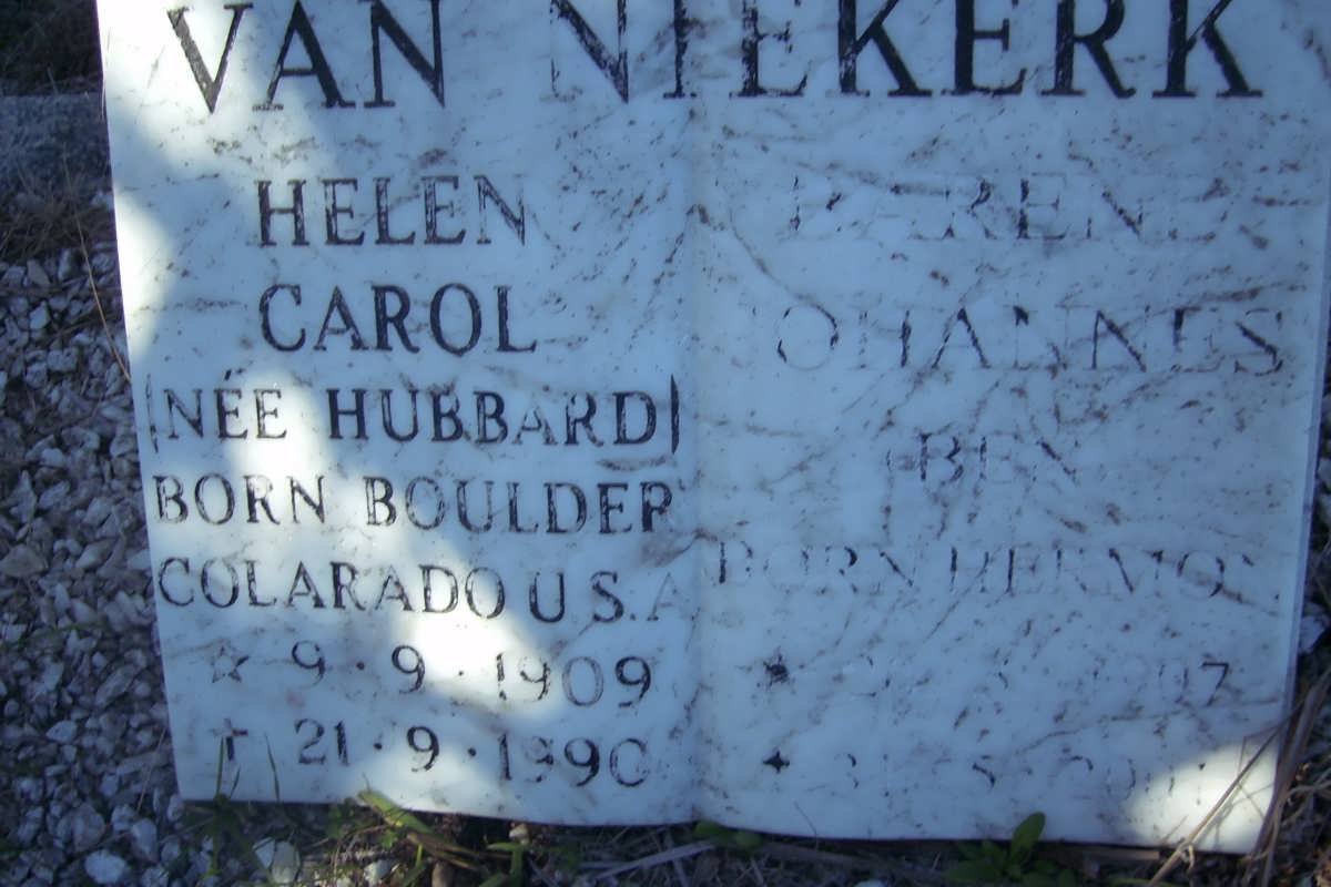 NIEKERK Barend Johannes, van 1907-2001 &amp; Helen Carol HUBBARD 1909-1990