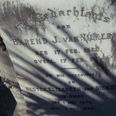 NIEKERK Barend J., van 1860-19?04 &amp; Hester Elizabeth KRIGE 1878-1940